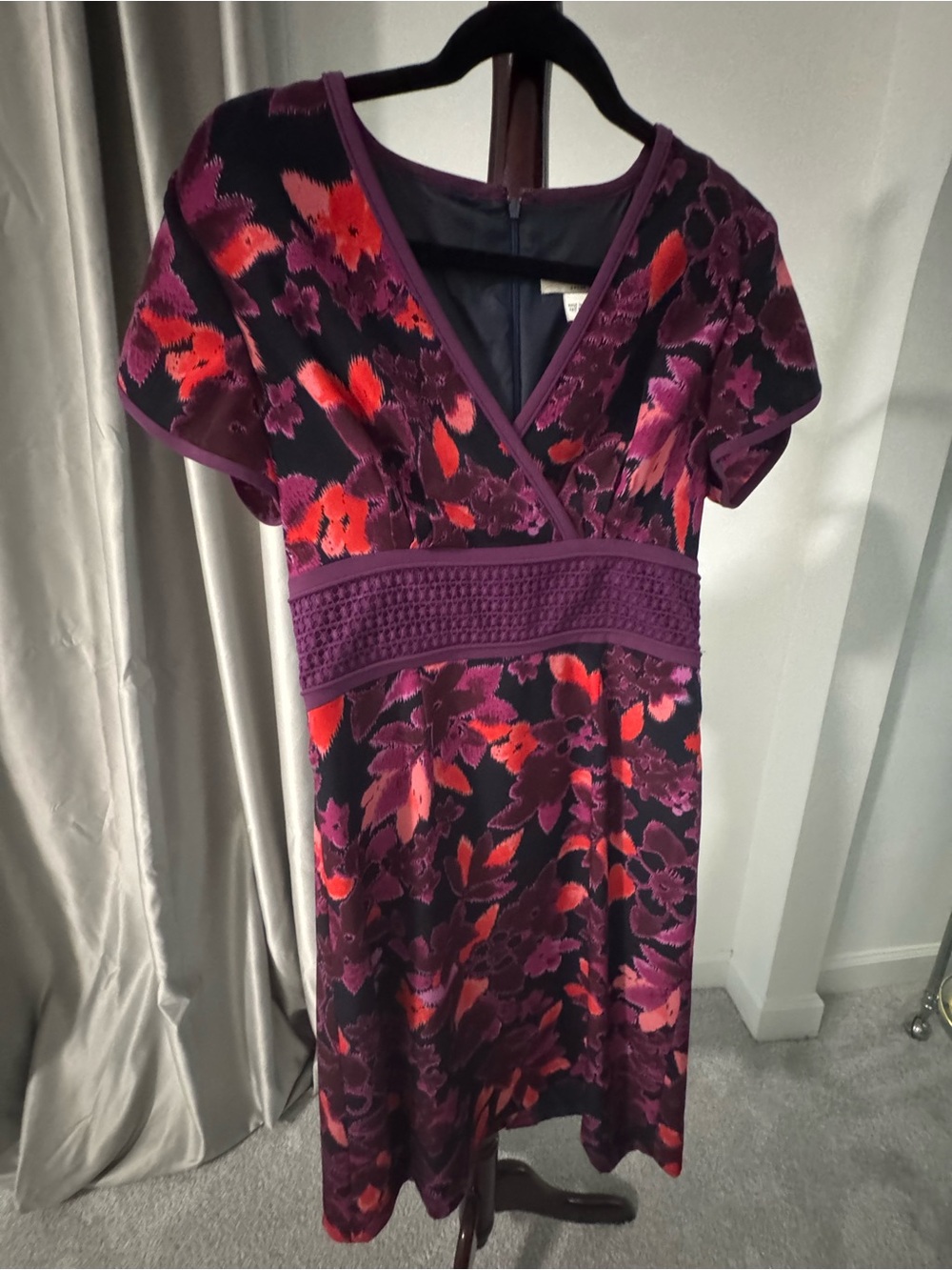 Peter Nygard Purple Floral Wrap-Style Midi Dress with Red Accents